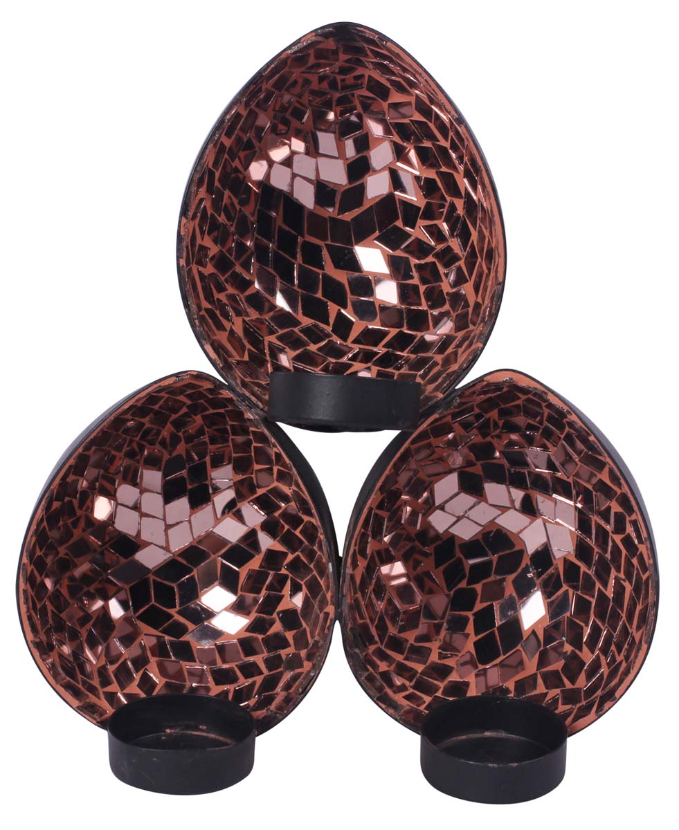 9” Wall-Mounted 3 Tea-Light Holders in Iron with Mirror-Work - Black & Copper Color - Mosaic Art / Home Decor from India - Buy in Bulk Wholesale